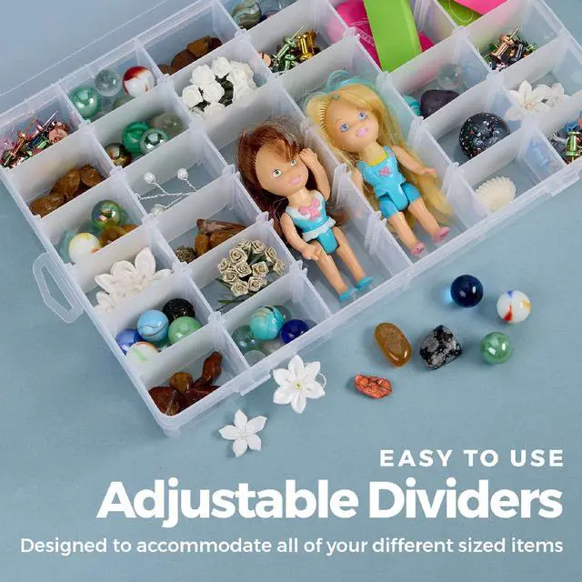 Alt view image 5 of 7 - 36 Grid Clear Plastic Organizer - Pack of 2- Bead Storage, Craft Organizer, DIY Small Parts Organizer, Jewelry Box, Fishing Tackle Box, Sewing, Nail Storage w/Adjustable Dividers & 5 Sticker Labels