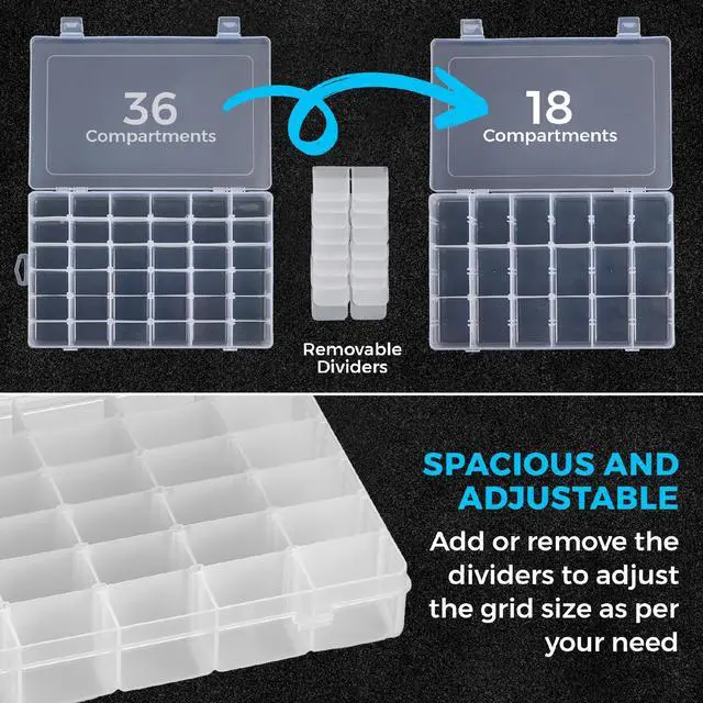Alt view image 7 of 7 - 36 Grid Clear Plastic Organizer - Pack of 2- Bead Storage, Craft Organizer, DIY Small Parts Organizer, Jewelry Box, Fishing Tackle Box, Sewing, Nail Storage w/Adjustable Dividers & 5 Sticker Labels