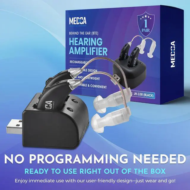 Alt view image 6 of 7 - Digital Hearing Amplifier Set - Rechargeable Premium BTE Personal Sound Amplifier Pair with USB Dock, Behind The Ear Hearing Enhancement Devices with Long Lasting Battery Life, Black