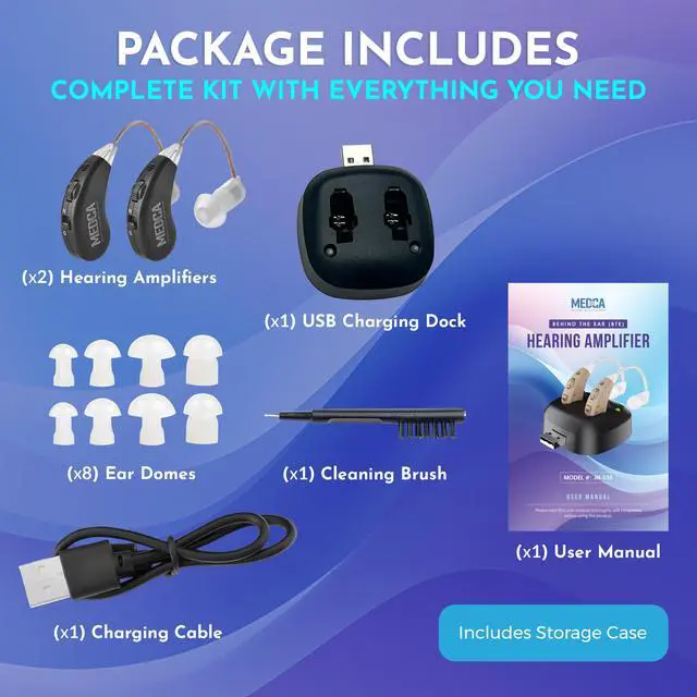 Alt view image 7 of 7 - Digital Hearing Amplifier Set - Rechargeable Premium BTE Personal Sound Amplifier Pair with USB Dock, Behind The Ear Hearing Enhancement Devices with Long Lasting Battery Life, Black