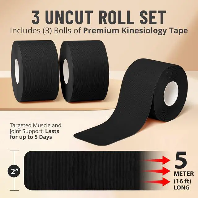 Alt view image 10 of 14 - Kinesiology Tape Rolls - Pack of 3 (2 Inch x 16 Ft / 5cm x 5m) - Latex-Free, Breathable Cotton - Strong Adhesive for Muscle & Joint Support - Water-Resistant & Sweatproof for Sports & Recovery, Black
