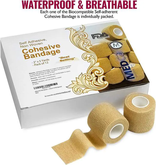 Alt view image 5 of 8 - MEDca Self Adherent Cohesive Wrap Bandages 2 Inches X 5 Yards 12 Count with Strong Elastic First Aid Tape for Sprain Swelling and Soreness on Wrist and Ankle (Skin Color)