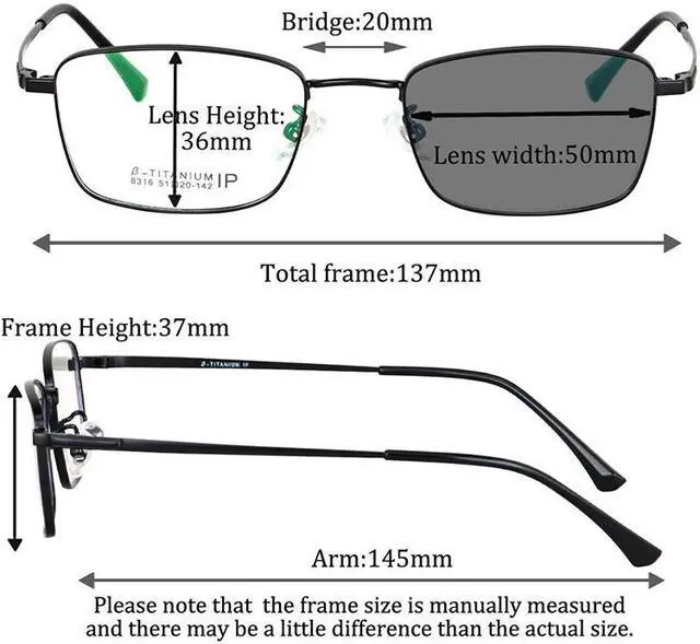 Alt view image 2 of 7 - Photochromic lenses men's glasses Titanium Glasses square glasses myopia or presbyopia prescription glasses single vision astigmatism 8316