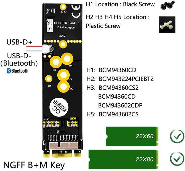 Alt view image 5 of 6 - BCM94360CD/BCM94360CS2/BCM943224PCIEBT2 12+6Pin Wifi  bluetooth Card To NGFF(M.2)  Key M Adapter For Mac OS