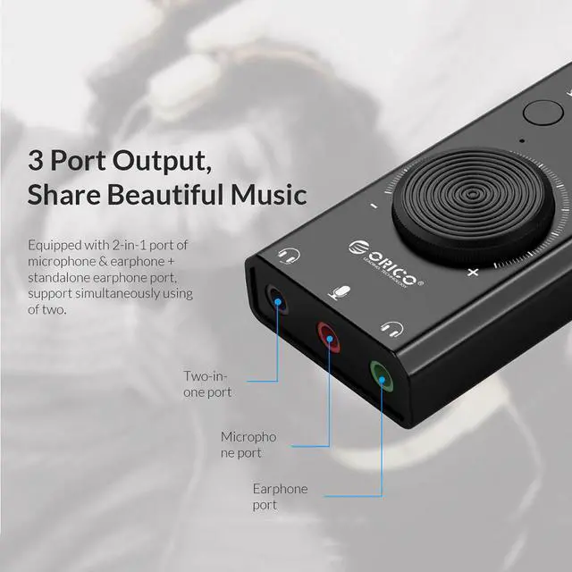 Alt view image 4 of 5 - SC2 External USB Sound Card Volume Adjustable 3-Port Mic Headphone Audio Card Adapter for PC  External sound card