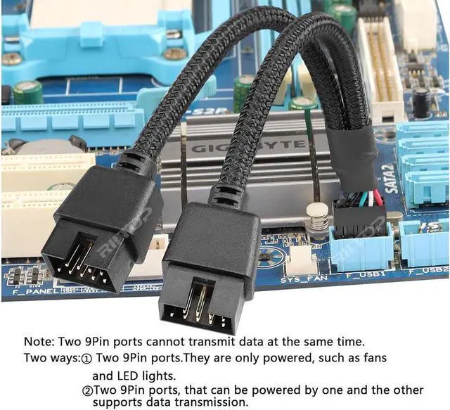 Alt view image 4 of 6 - USB 2.0 9Pin Female to Dual 9-Pin Male Extension Cable 2Pack,Motherboard 9-PIN USB2.0 Header Splitter Nylon Braided for Computer Internal Motherboard-Black
