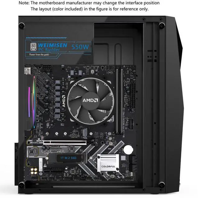 Alt view image 5 of 7 - WEIMISEN Gaming APU PC, AMD Ryzen 5 9600X(Up to 5.4 GHz), AMD Radeon Graphics, 32G DDR5(16G*2), B650 Chipest, 1T M.2 SSD(100G partition for system), Wifi 6 + bt 5, 550W PSU, Win 11 Pro