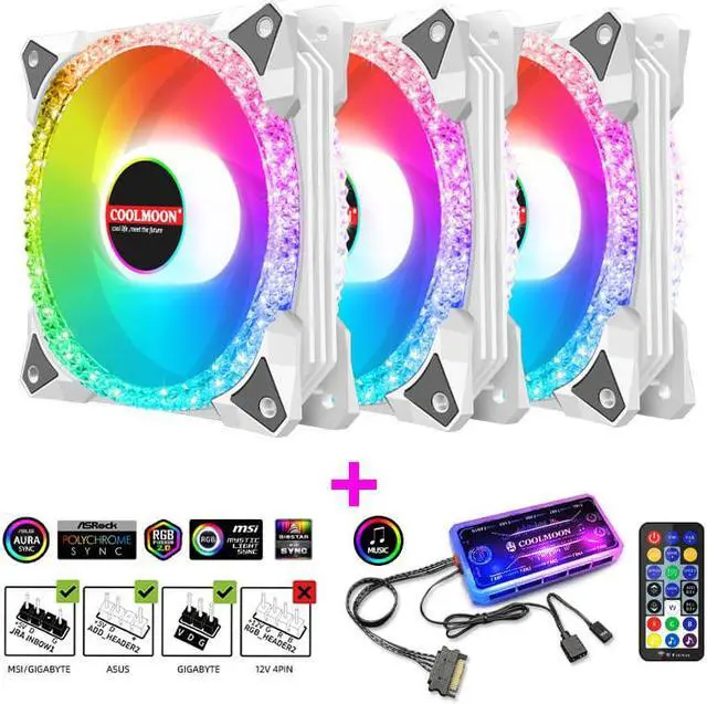 Main image of 120mm RGB Case Fan, Remote Control, 5V ARGB LED, Ultra Quiet High Airflow Computer Fan for PC Case, White, 3-Pack
