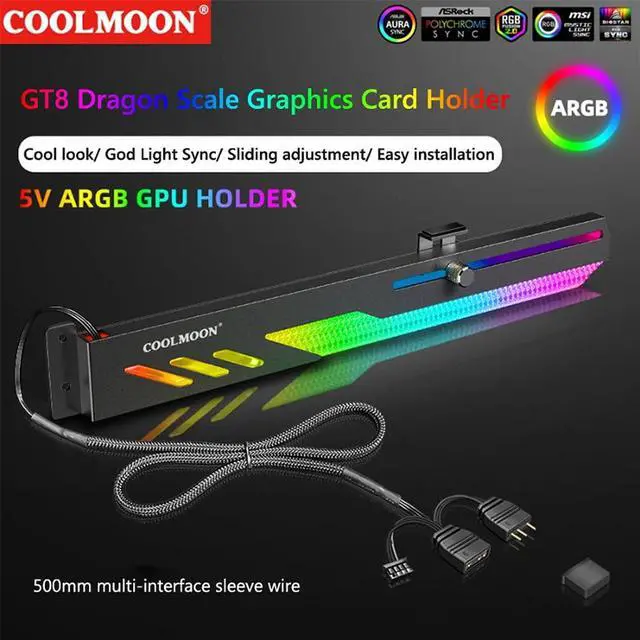 Alt view image 3 of 7 - COOLMOON GT8 Graphics Card Bracket 5V ARGB Synchronous Horizontal Chassis Decoration GPU Support VGA Holder Video Card Stand(Black)