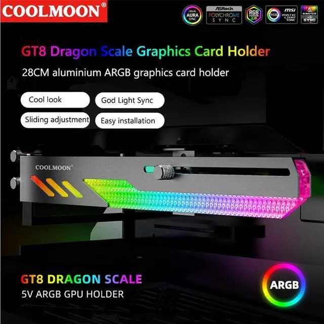 Alt view image 4 of 7 - COOLMOON GT8 Graphics Card Bracket 5V ARGB Synchronous Horizontal Chassis Decoration GPU Support VGA Holder Video Card Stand(Black)