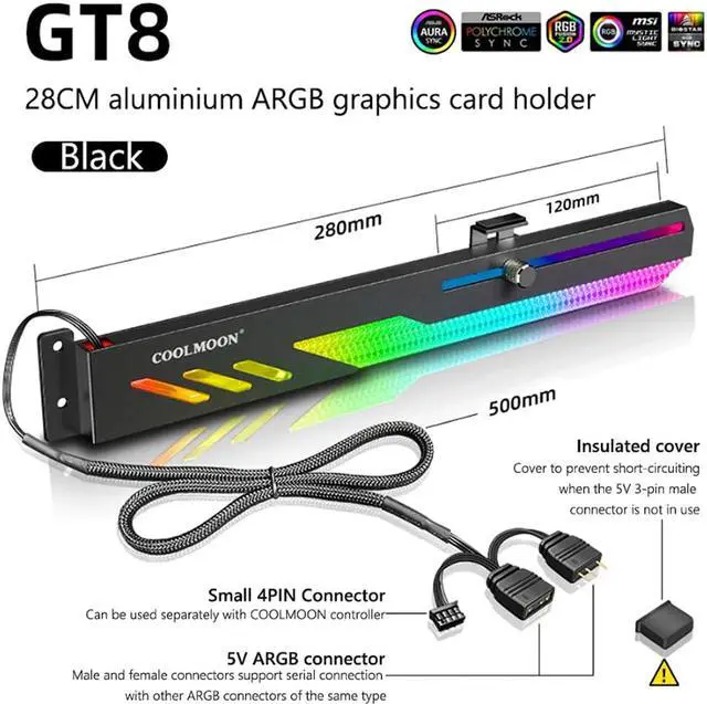 Alt view image 5 of 7 - COOLMOON GT8 Graphics Card Bracket 5V ARGB Synchronous Horizontal Chassis Decoration GPU Support VGA Holder Video Card Stand(Black)