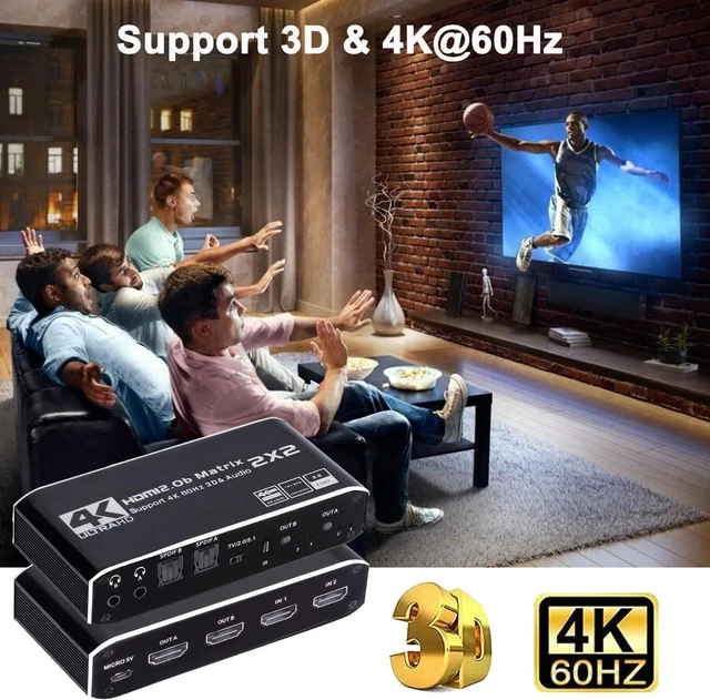 Alt view image 6 of 6 - HDMI Matrix 2x2, 4K@60Hz HDMI Matrix Switch 2 in 2 Out with IR Remote Control, Support HDMI 2.0b, HDCP2.2, HDR10, Ultra HD, 3D