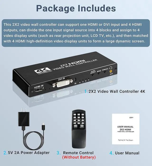 Alt view image 7 of 7 - 2x2 HDMI Video Wall Controller, 1080P@60Hz HDMI DVI TV Wall Processor with Audio Out, 4K HDMI Video Image Processor with RS232, Support 180° Rotate, 2x2 1x2 1x3 1x4 2X1 3x1 4x1 Mode