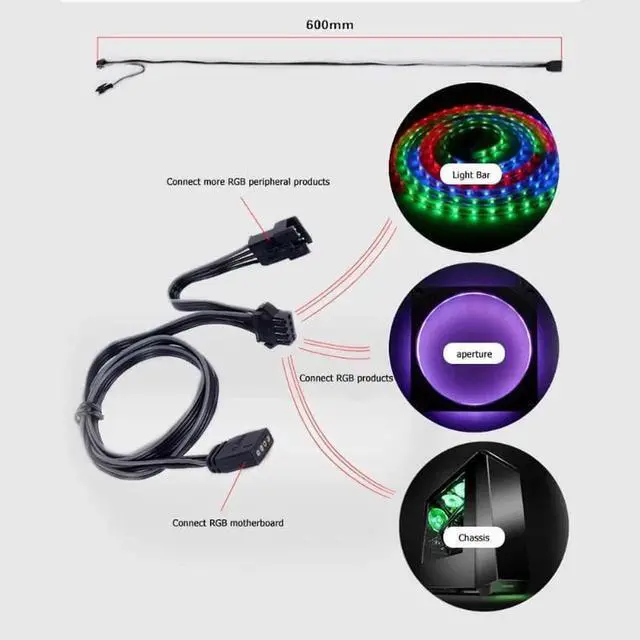 Alt view image 5 of 6 - 12 V 4 Pin RGB Connector Cable 60cm PC Case Fan LED Strip Extension Cord for Giga/Microstar/Asus RGB motherboard