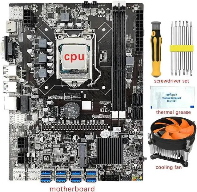 Main image of Aomoproing FOR B75 8 GPU BTC Mining Motherboard+CPU+Fan+Screwdriver Kit+Thermal Grease 8 USB3.0 To PCIE1X Slot LGA1155 DDR3 SATA3.0 Set