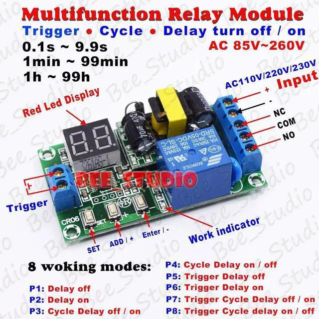 Main image of Aomoproing AC 110V 220V 230V Digital LED Cycle Delay turn ON/OFF Switch Timer Relay Module 8 modes