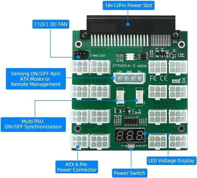 Alt view image 3 of 4 - Aomoproing ATX 16x 6Pin Power Supply Breakout Board for 750W 1100W 2000W PSU and BTC Mining