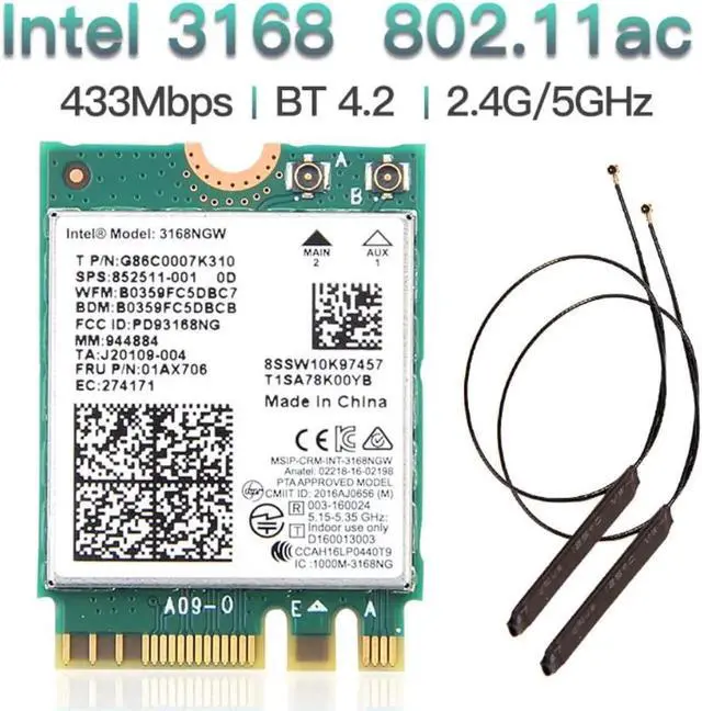 Alt view image 5 of 6 - Aomoproing Dual band Wireless 600Mbps Wireless Network Wi-fi Card Wifi Receiver Intel 3168 AC 3168NGW NGFF M.2 802.11ac For Bluetooth 4.2