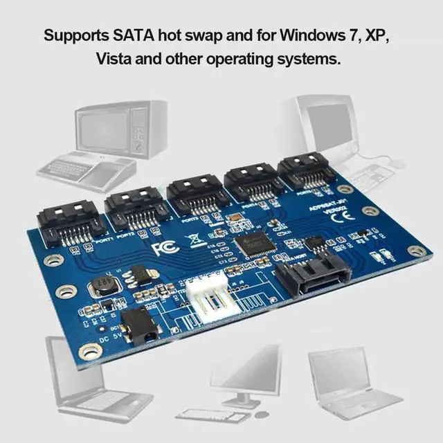 Alt view image 2 of 5 - Aomoproing SATA Adapter Card 1 to 5 Port Converter SATA Port Multiplier Hard Disk Riser Card Hub for Windows 7 XP Vista data protection