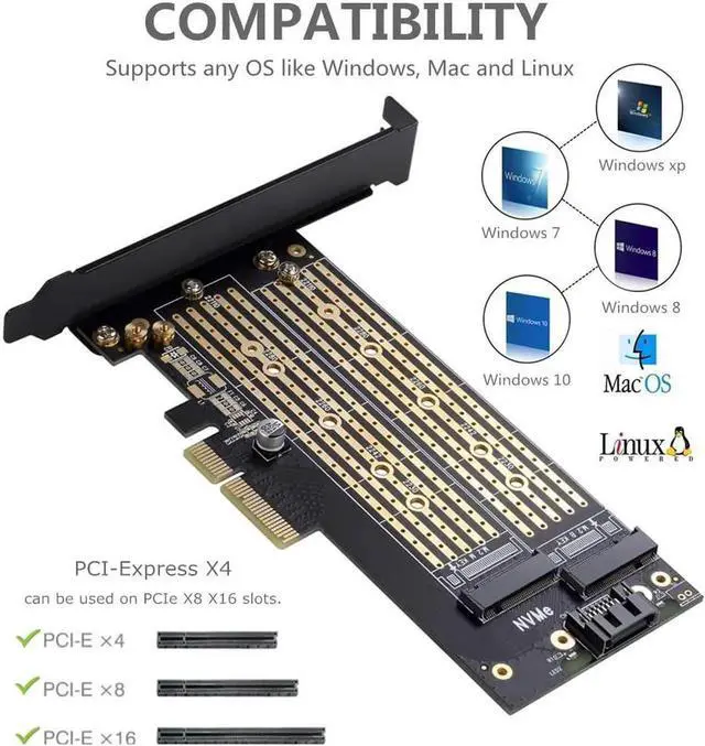 Alt view image 2 of 6 - Aomoproing Dual M.2 PCIE Adapter for SATA or PCIE NVMe SSD with Advanced Heat Sink Solution,M.2 SSD NVME (m Key) and SATA (b Key) 22110 2280 2260 2242 2230 to PCI-e x 4 Host Controller Expansion Card