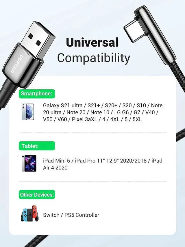 Alt view image 3 of 7 - UGREEN USB C Cable 90 Degree Right Angle USB A to Type C Fast Charging Braided Cord Compatible with iPad Mini 6 Air 4 Samsung Galaxy S21 Note 20 Z Flip Z Fold LG V60 Moto Z Z3 Nintendo Switch 1.5FT