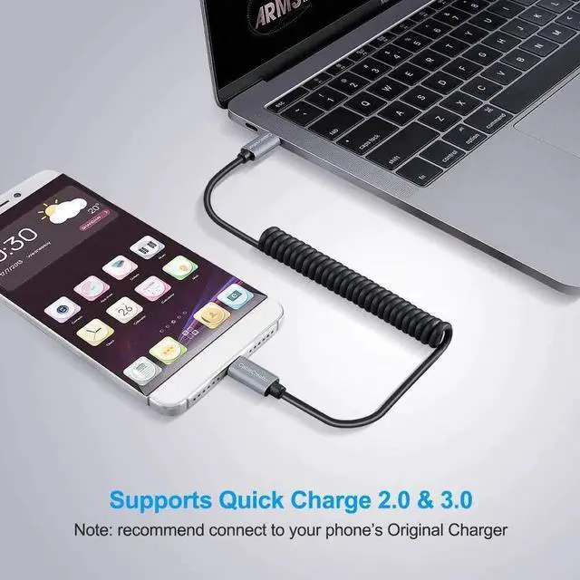 Alt view image 7 of 7 - USB C Coiled Cable 4FT CableCreation Coiled USB C Cable 3A 60W Fast Charging Coiled USB C to USB C with Premium Aluminum Shell Stretched 0.6-4 Feet for MacBook Pro Air S21 S20 S10 etc, Black 1.2m
