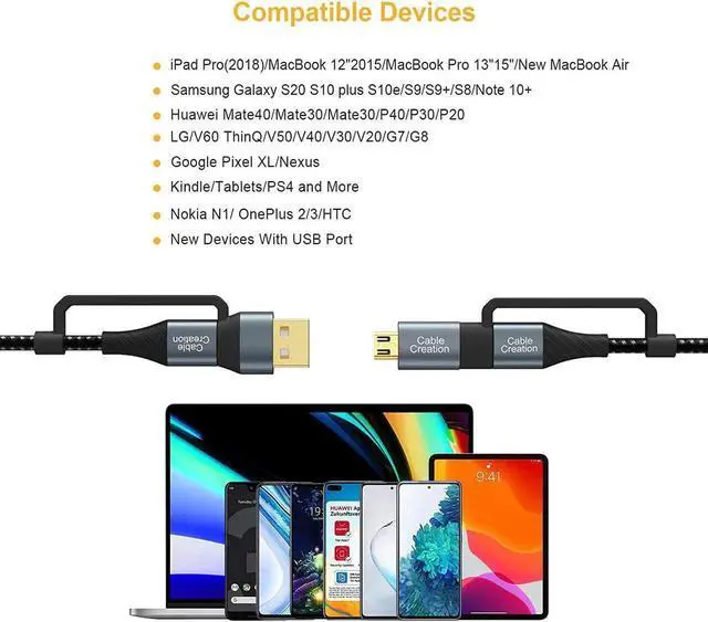 Alt view image 2 of 7 - USB C Charging Cable,CableCreation 4 in 1 Multi Charging Cable, PD 60W Micro USB/Type C 480Mpbs Data Transfer Fast Charging, Compatible with MacBook Pro, iPad, Galaxy, Camera and More, Black,6.6FT