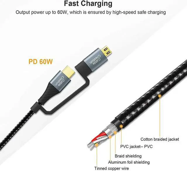 Alt view image 3 of 7 - USB C Charging Cable,CableCreation 4 in 1 Multi Charging Cable, PD 60W Micro USB/Type C 480Mpbs Data Transfer Fast Charging, Compatible with MacBook Pro, iPad, Galaxy, Camera and More, Black,6.6FT