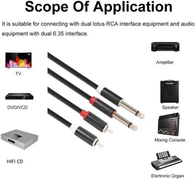 Alt view image 3 of 3 - Aomoproing High Performance Gold-Plated Dual RCA Male to Dual 6.35mm Male Audio Connection Cord for DVD Player