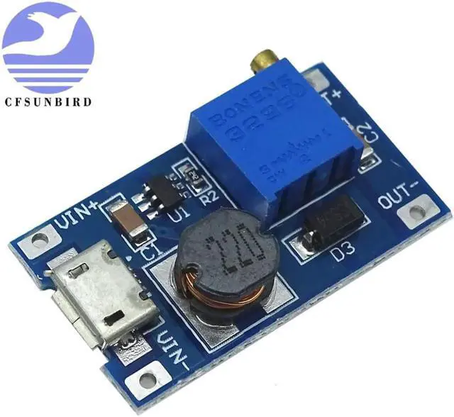 Main image of Aomoproing Módulo de impulso ajustable de DC-DC, placa de impulso 2A con MICRO USB de 2V - 24V a 5V 9V 12V 28V MT3608 LM2577