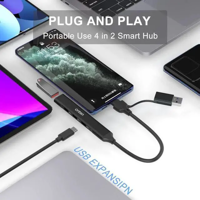 Alt view image 2 of 5 - Aomoproing ONTEN USB C HUB, USB C to USB C and USB A Adapter. USB 3.0 HUB with 3* USB C(5Gbps) 1*USB A(5Gbps). 1.6 ft Cable .for Laptop MacBook Surface Pro and More USB Devices