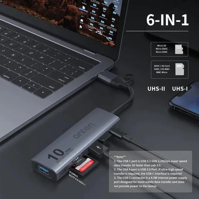 Alt view image 4 of 7 - Onten Dual-Slot UHS-II SD4.0 Card Reader.10Gbps USB C to USB Hub Adapter,USB Hub with 3*USB 3.2 GEN 2(10Gbps) Port and UHS-II SD/TF4.0.Compatible with Mac OS iPad OS,Windows,Android,and Linux.
