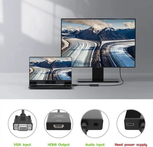 Alt view image 4 of 6 - Aomoproing ONTEN VGA to HDMI Adapter, 1080P VGA to HDMI (Male to Female) for Computer, Desktop, Laptop, PC, Monitor, Projector, HDTV with Audio Cable and USB Cable (Black)