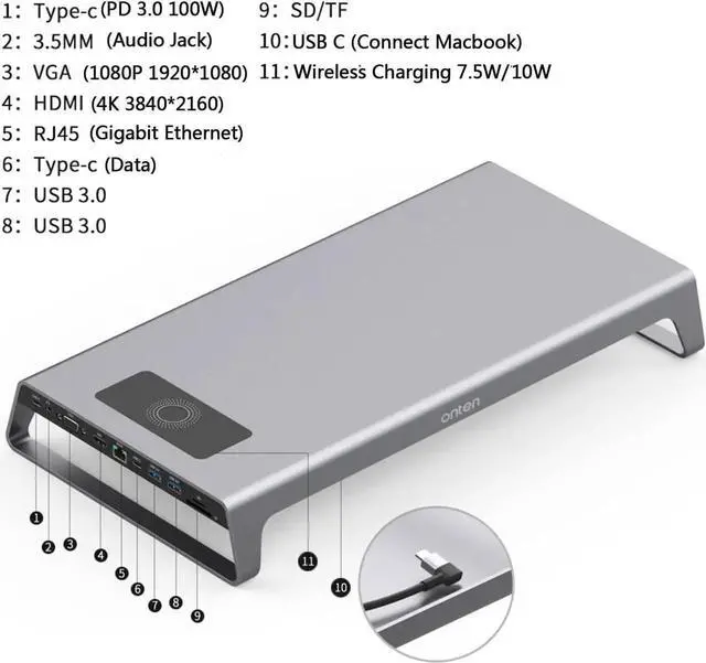 Alt view image 5 of 7 - Aomoproing Onten USB-C Docking Station.Laptop,Monitor Stand with Wireless Charging.VGA,4K HDMI Display,USB 3.0,USB-C. for MacBook Pro m1/m2/Dell/Surface/All-in-one Desktop and More USB-C Devices