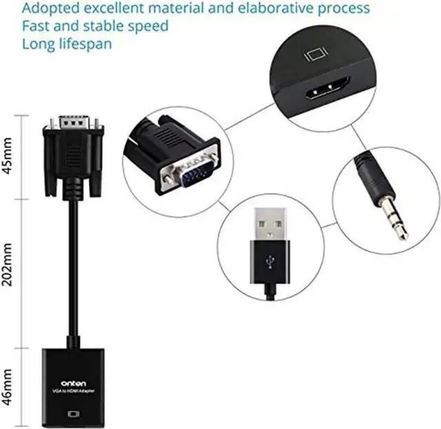 Alt view image 6 of 7 - Aomoproing ONTEN VGA to HDMI, 1080P VGA to HDMI Adapter (Male to Female) for Computer, Desktop, Laptop, PC, Monitor, Projector, HDTV with Audio Cable and USB Cable (Black)