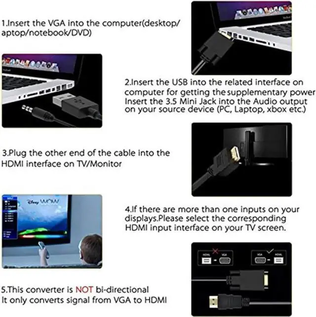 Alt view image 7 of 7 - Aomoproing ONTEN VGA to HDMI, 1080P VGA to HDMI Adapter (Male to Female) for Computer, Desktop, Laptop, PC, Monitor, Projector, HDTV with Audio Cable and USB Cable (Black)