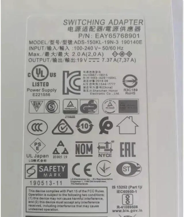 Alt view image 4 of 4 - Aomoproing Genuine LCAP31 19V 7.37A 140W ADS-150KL-19N-3 AC Adapter For LG QHD MONITOR 27UD68-W 34UM9SP 34UM94 34UM95 34UC99 Power Charger