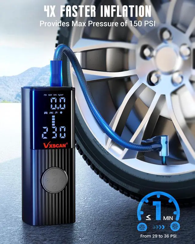 Alt view image 3 of 7 - VXSCAN Tire Inflator Portable Air Compressor for Car Tires, 150 PSI & 20000mAh Battery 4X Fast Inflation Cordless Tire Pump, 12V DC & Cordless Dual Power Electric Air Pump for Car Motorcycle Bike Ball
