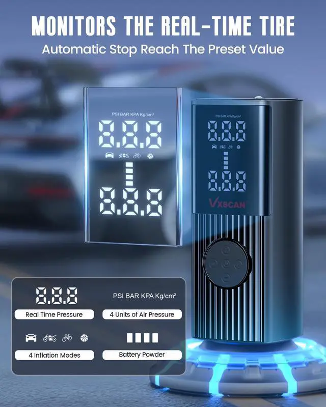 Alt view image 4 of 7 - VXSCAN Tire Inflator Portable Air Compressor for Car Tires, 150 PSI & 20000mAh Battery 4X Fast Inflation Cordless Tire Pump, 12V DC & Cordless Dual Power Electric Air Pump for Car Motorcycle Bike Ball