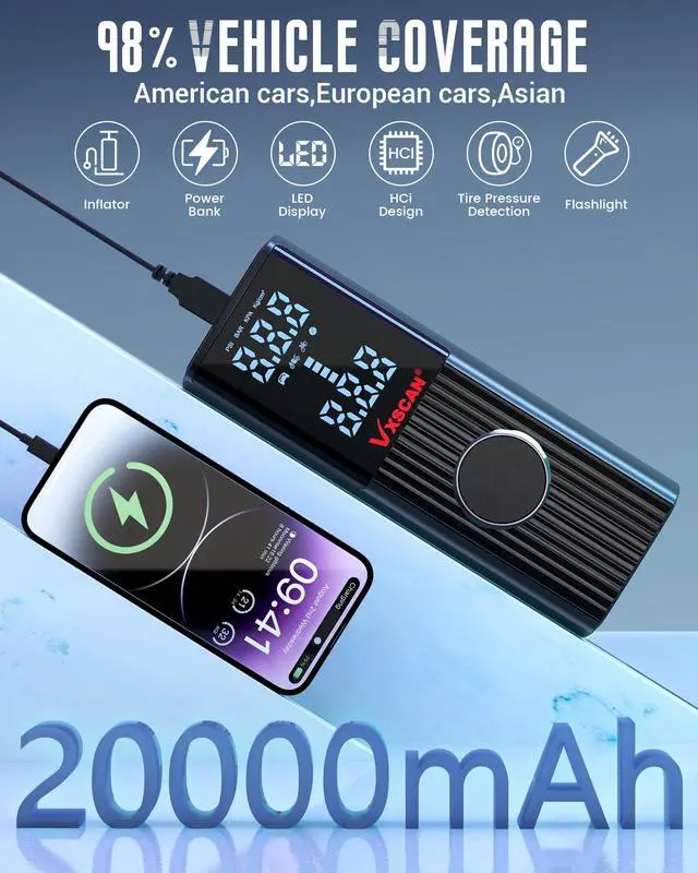 Alt view image 7 of 7 - VXSCAN Tire Inflator Portable Air Compressor for Car Tires, 150 PSI & 20000mAh Battery 4X Fast Inflation Cordless Tire Pump, 12V DC & Cordless Dual Power Electric Air Pump for Car Motorcycle Bike Ball