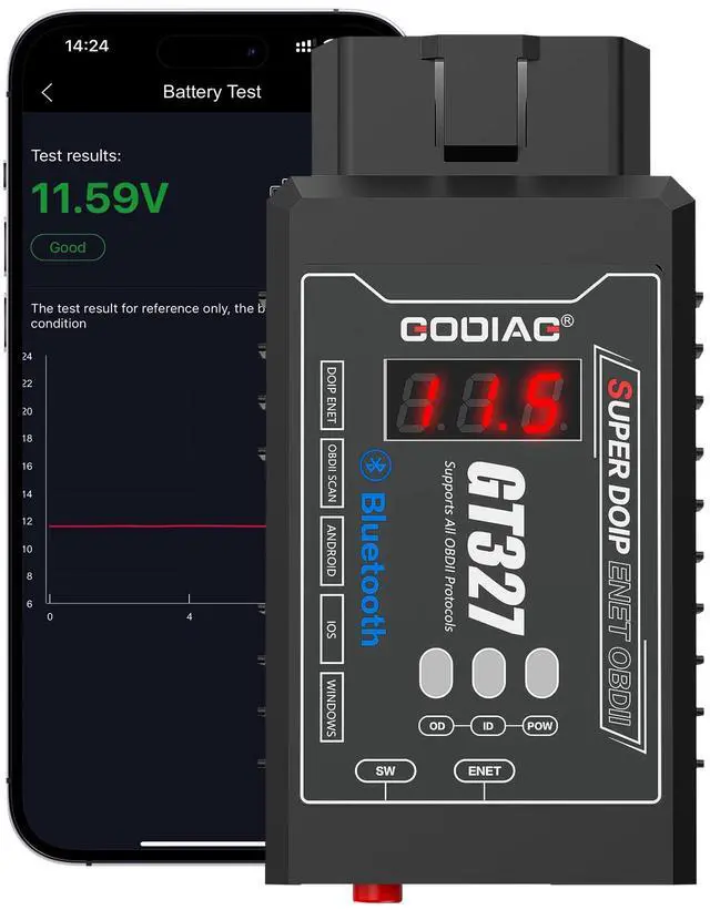 Alt view image 5 of 6 - GODIAG GT327 Super DOIP ENET OBD2 Bluetooth Scanner, ELM327 v1.5 FULL Bluetooth 4.0 Adapter, Ethernet Cable for Android iOS PC Support Voltage Display