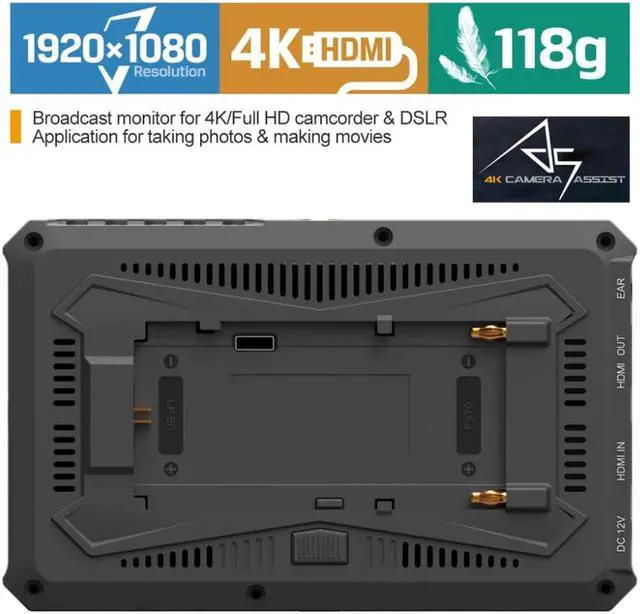 Alt view image 4 of 15 - Lilliput A5 5" 1920x1200 8bit light weight 4K HDMI DSLR Camera field monitor F970/LP-E6 Plate with Sunshade