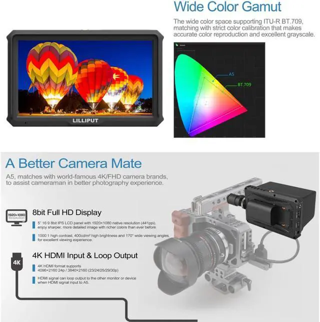 Alt view image 5 of 15 - Lilliput A5 5" 1920x1200 8bit light weight 4K HDMI DSLR Camera field monitor F970/LP-E6 Plate with Sunshade