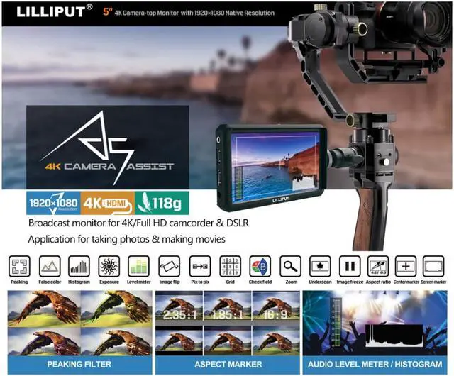 Alt view image 6 of 15 - Lilliput A5 5" 1920x1200 8bit light weight 4K HDMI DSLR Camera field monitor F970/LP-E6 Plate with Sunshade