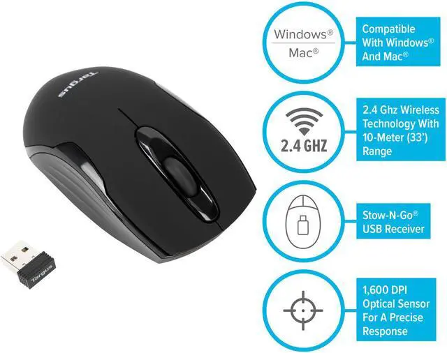 Alt view image 7 of 12 - Targus W575 Wireless Mouse - Optical - Wireless - Radio Frequency - Black - USB - 1600 dpi - Scroll Wheel - AMW575TT