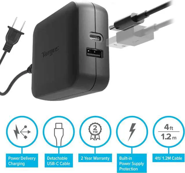 Alt view image 4 of 11 - Targus 65W USB-C/USB-A Charger - 65 W - 120 V AC, 230 V AC Input - 5 V DC/3 A, 9 V DC, 12 V DC, 15 V DC, 20 V DC Output - Black - APA104BT