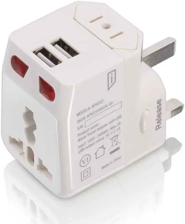 Alt view image 4 of 5 - iStore World Travel Adapter with Dual USB Charging Ports - 2 x USB Receptacle - 120 V AC / 10 A, 230 V AC - White - APK03206CAI