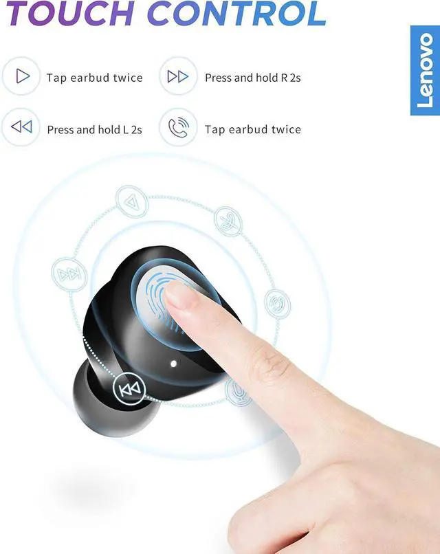 Alt view image 3 of 4 - Lenovo True Wireless Earbuds Bluetooth 5.0 IPX5 USB-C Quick Charge Black