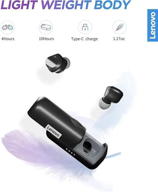 Alt view image 4 of 4 - Lenovo True Wireless Earbuds Bluetooth 5.0 IPX5 USB-C Quick Charge Black