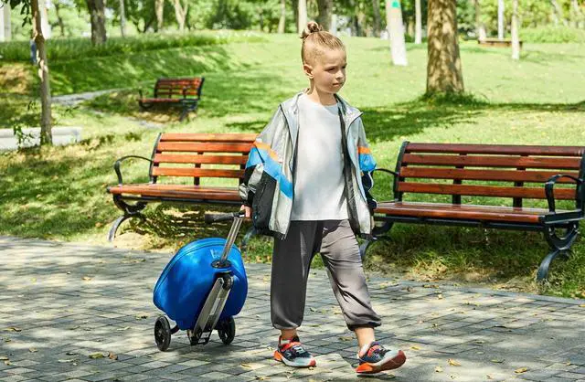 Alt view image 5 of 7 - GoPowerBike GoVoyage Kids 2-in-1 Luggage Scooter | 3-Wheel Design with Light-Up Wheels, Foldable and Convertible for Travel | Blue